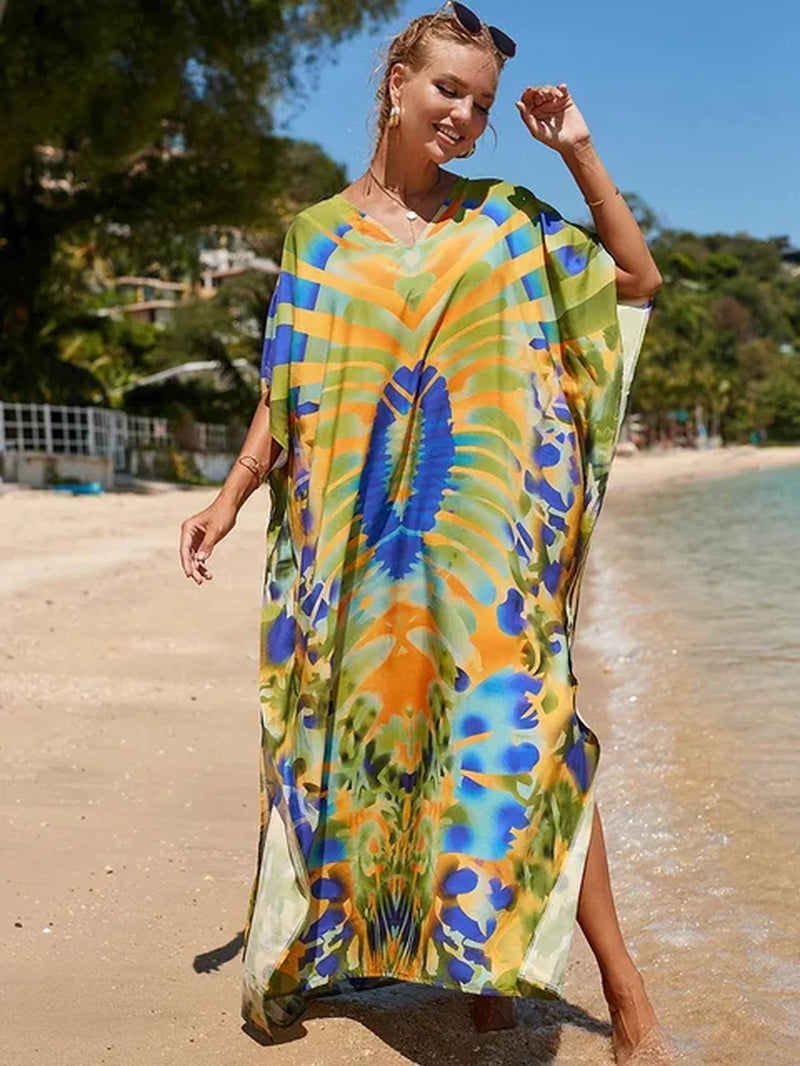 New Cover-Up Bohemian Dress Print Multicolor Beach Style Kaftan Swimsuit Cover up Maxi Dress Robe De Plage 2024 Tunic for Beach