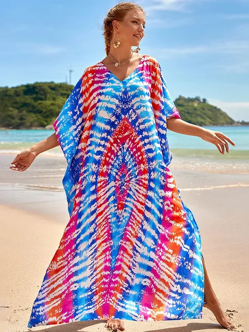 New Cover-Up Bohemian Dress Print Multicolor Beach Style Kaftan Swimsuit Cover up Maxi Dress Robe De Plage 2024 Tunic for Beach