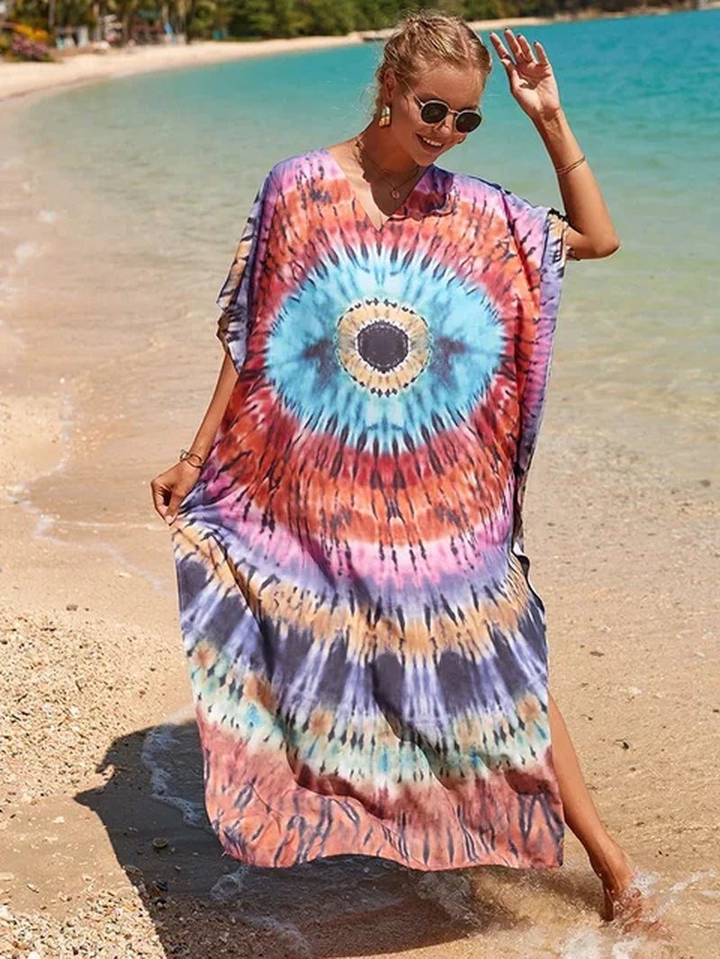 New Cover-Up Bohemian Dress Print Multicolor Beach Style Kaftan Swimsuit Cover up Maxi Dress Robe De Plage 2024 Tunic for Beach