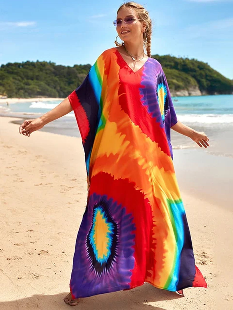 New Cover-Up Bohemian Dress Print Multicolor Beach Style Kaftan Swimsuit Cover up Maxi Dress Robe De Plage 2024 Tunic for Beach