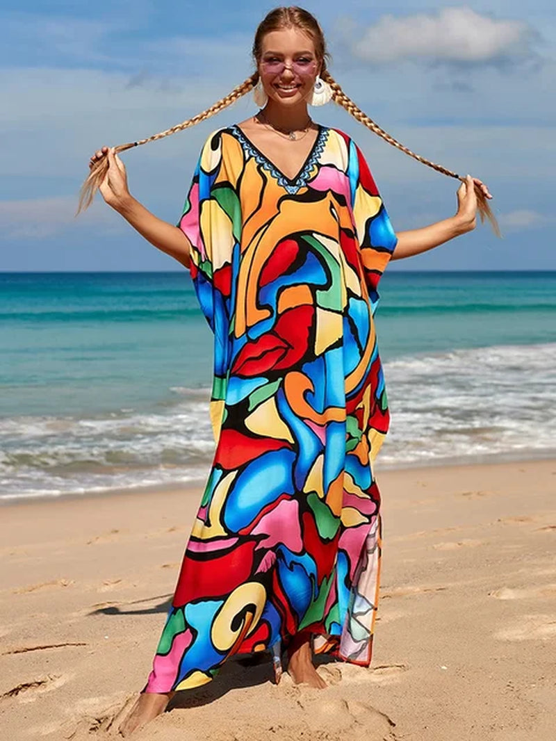 New Cover-Up Bohemian Dress Print Multicolor Beach Style Kaftan Swimsuit Cover up Maxi Dress Robe De Plage 2024 Tunic for Beach