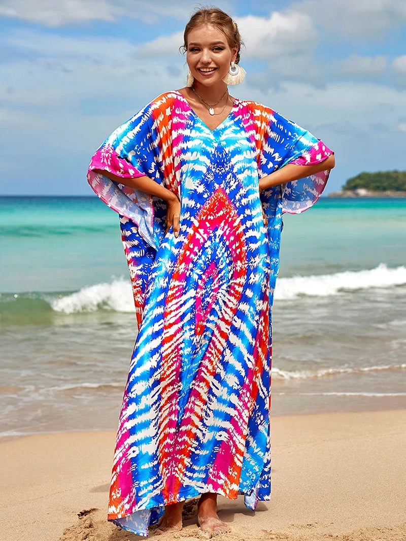 New Cover-Up Bohemian Dress Print Multicolor Beach Style Kaftan Swimsuit Cover up Maxi Dress Robe De Plage 2024 Tunic for Beach
