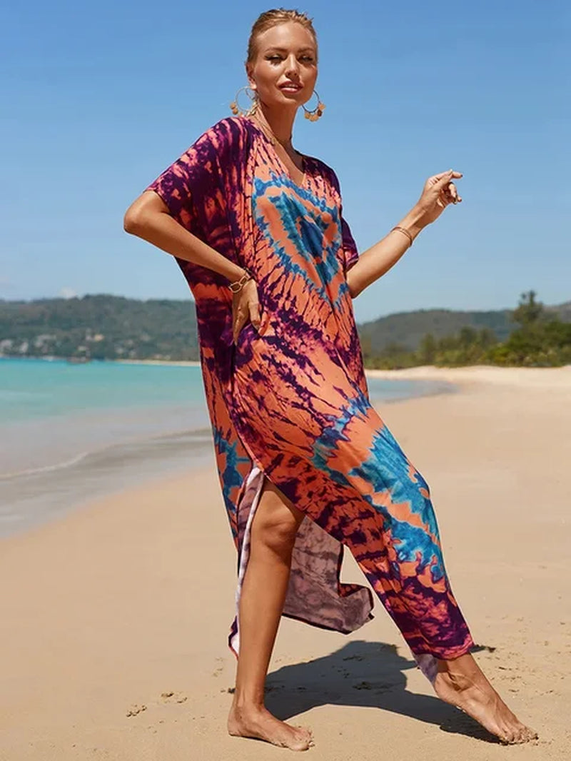 New Cover-Up Bohemian Dress Print Multicolor Beach Style Kaftan Swimsuit Cover up Maxi Dress Robe De Plage 2024 Tunic for Beach