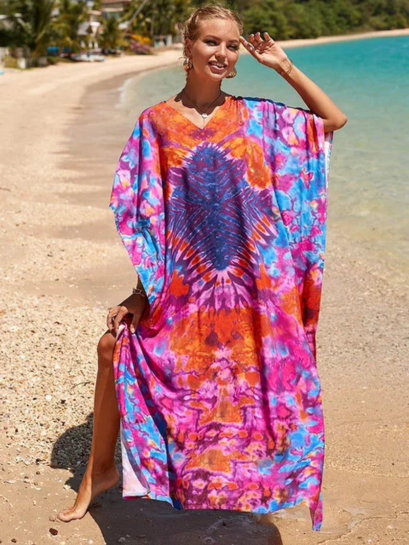 New Cover-Up Bohemian Dress Print Multicolor Beach Style Kaftan Swimsuit Cover up Maxi Dress Robe De Plage 2024 Tunic for Beach