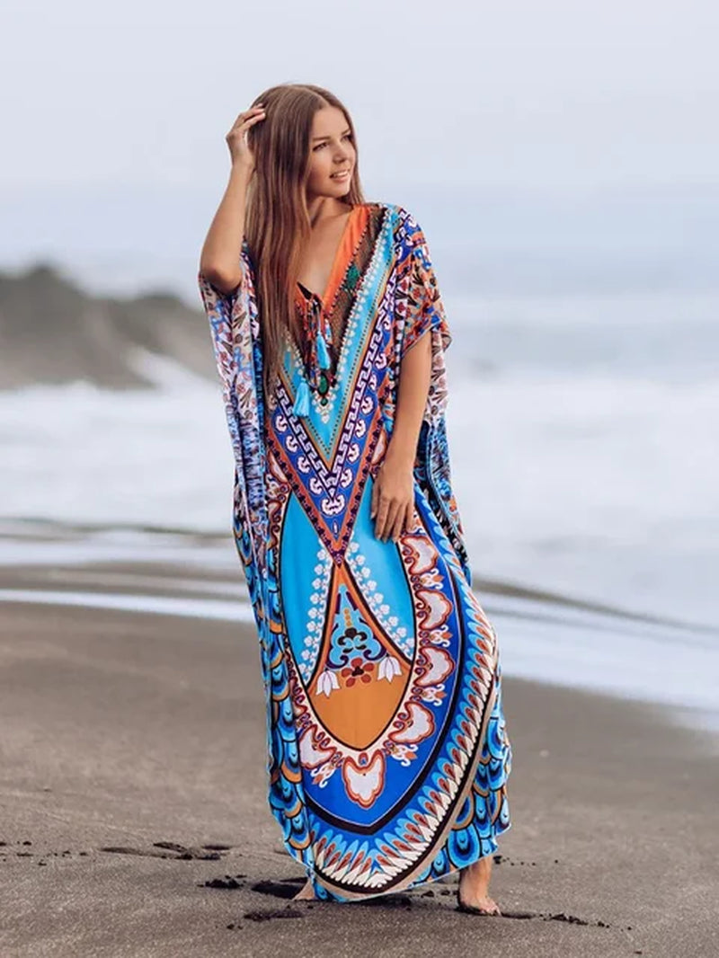 New Cover-Up Bohemian Dress Print Multicolor Beach Style Kaftan Swimsuit Cover up Maxi Dress Robe De Plage 2024 Tunic for Beach