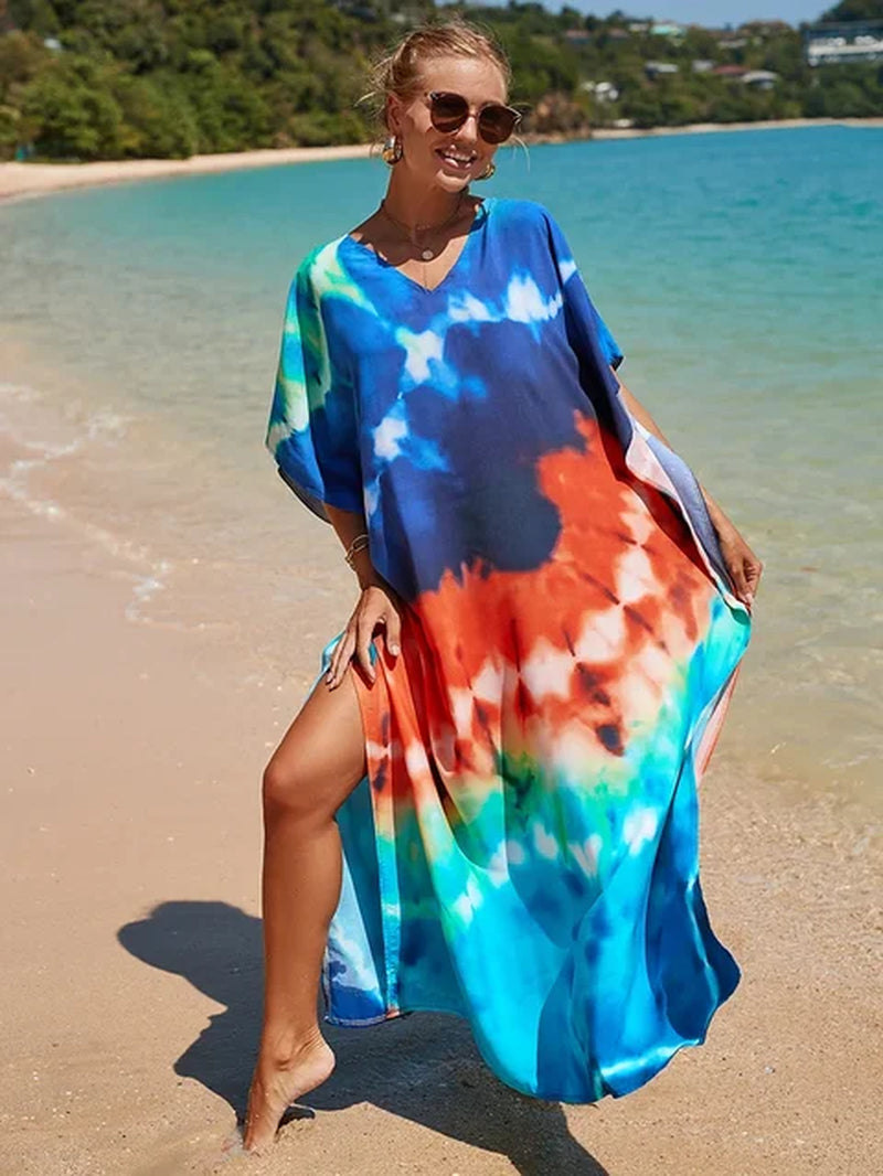 New Cover-Up Bohemian Dress Print Multicolor Beach Style Kaftan Swimsuit Cover up Maxi Dress Robe De Plage 2024 Tunic for Beach