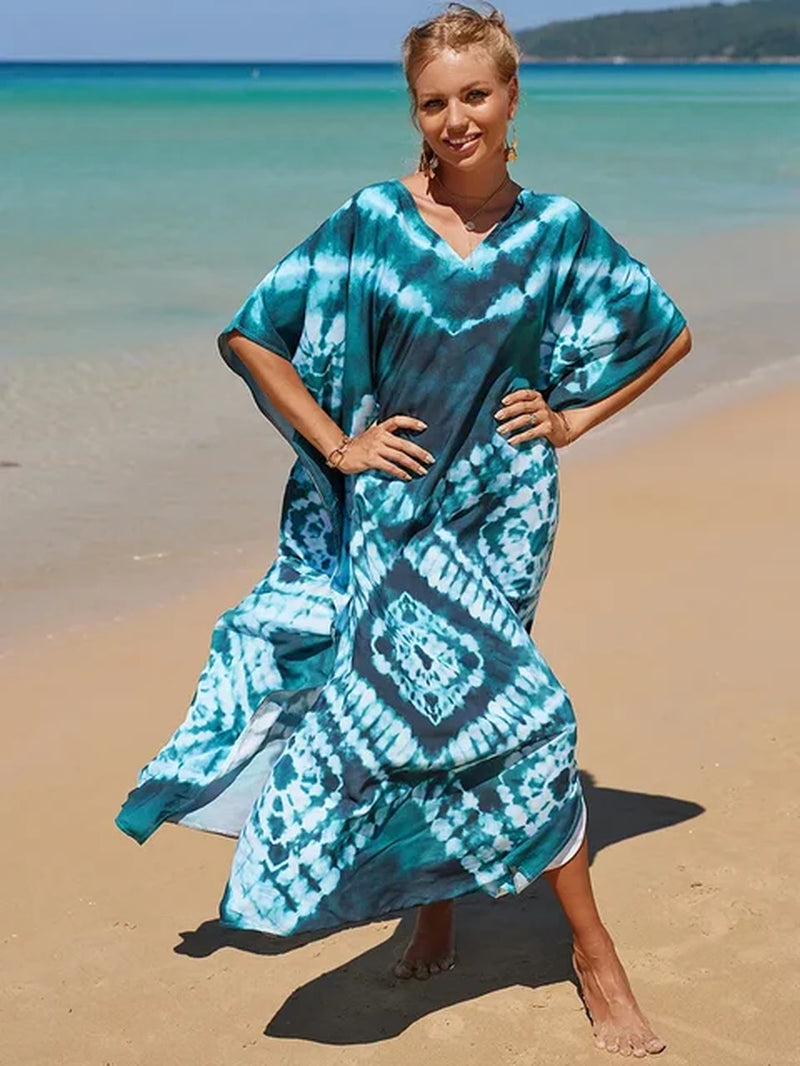 New Cover-Up Bohemian Dress Print Multicolor Beach Style Kaftan Swimsuit Cover up Maxi Dress Robe De Plage 2024 Tunic for Beach