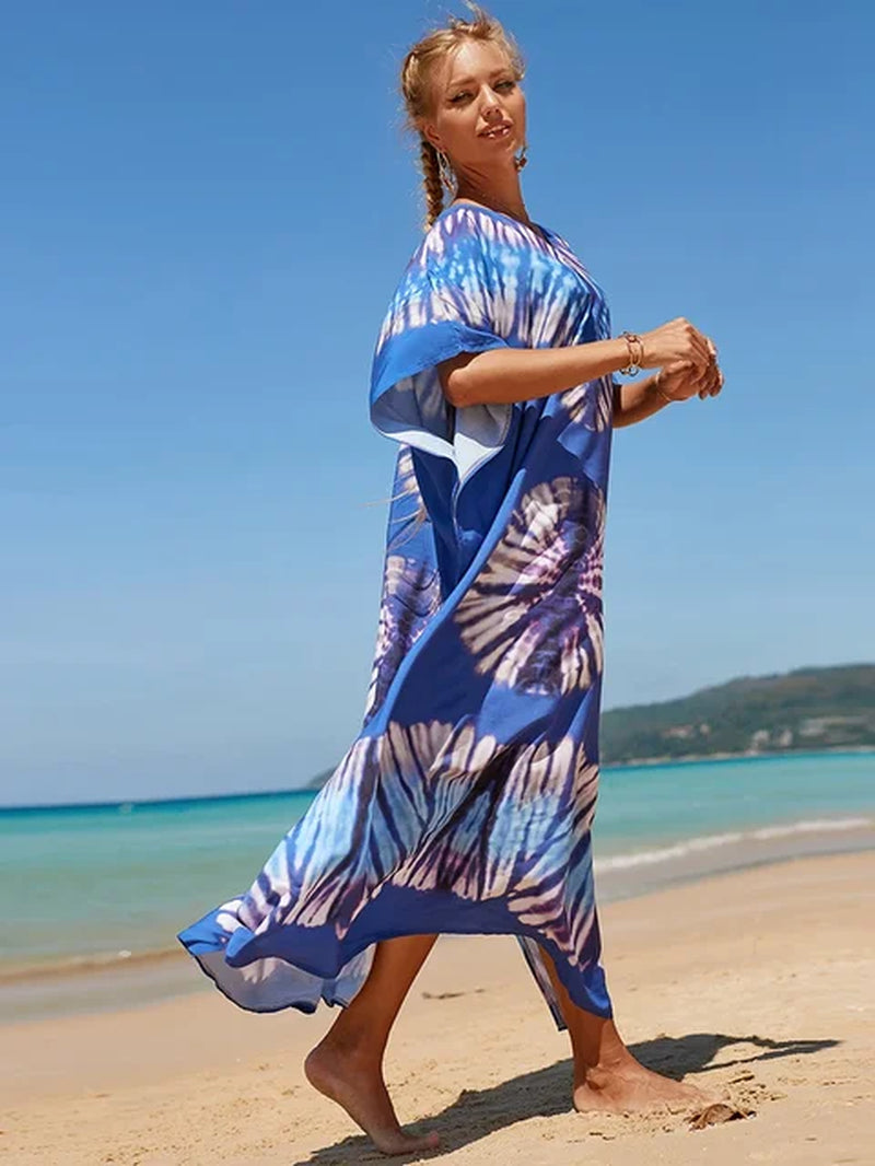 New Cover-Up Bohemian Dress Print Multicolor Beach Style Kaftan Swimsuit Cover up Maxi Dress Robe De Plage 2024 Tunic for Beach